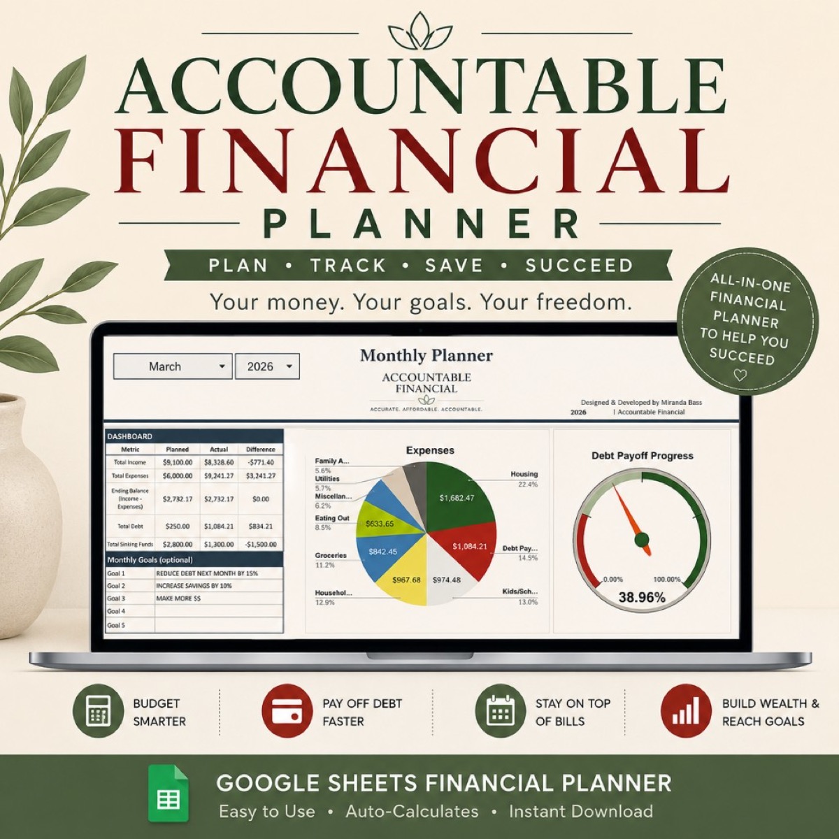 Accountable Financial Planner — Google Sheets dashboard, budget planner and transaction tracker